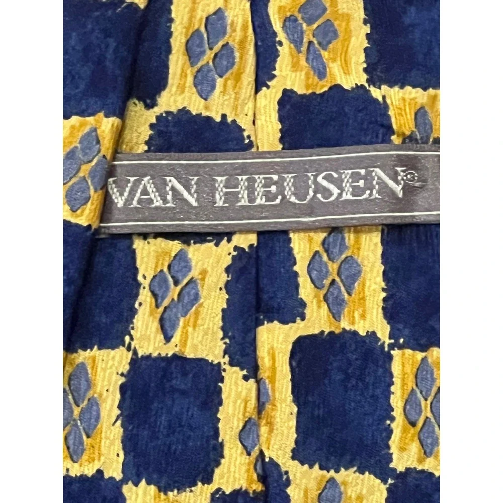 Van Heusen Mens Geometric Checkerboard Silk Blend Necktie Navy Blue Yellow